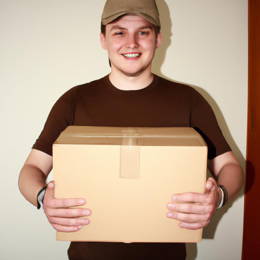 Person holding delivery package, smiling